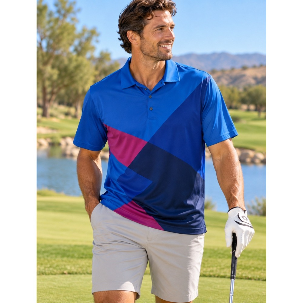 C9 by Champion Golf Polo Shirt Mens Medium Blue Geometric Graphic Short Sleeve